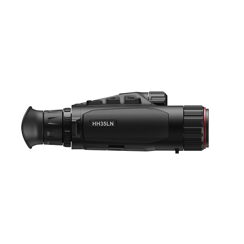 Un monocular de visión nocturna negro con etiqueta HH35LN y acentos rojos.