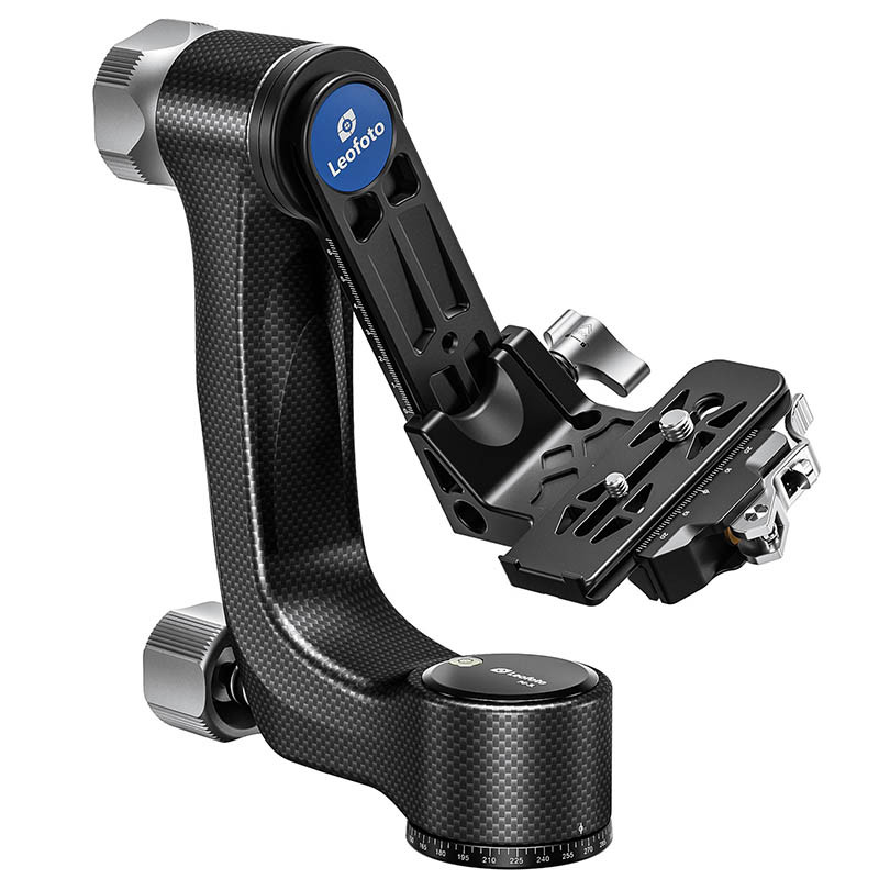 Ein schwarzer Gimbal-Stativkopf mit Carbonfaser-Struktur, silbernen Knöpfen und Leofoto-Logo.