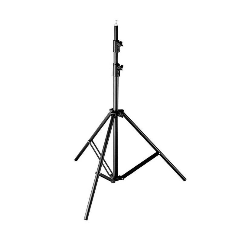 Un supporto per fotocamera nero con tre gambe e un palo regolabile.