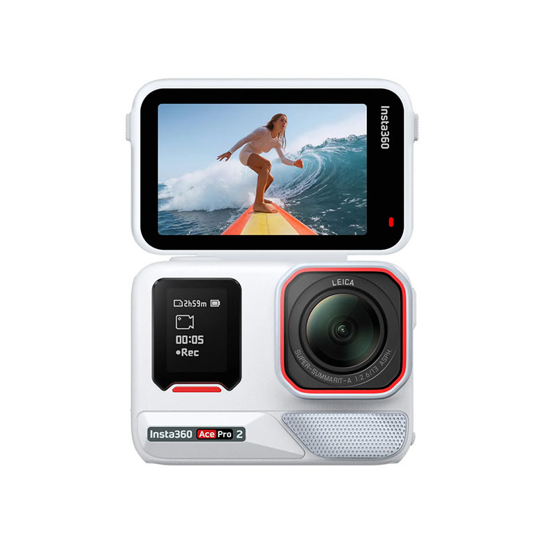 Weiße Insta360 Ace Pro 2 Kamera mit Leica-Objektiv und Surf-Anzeige.