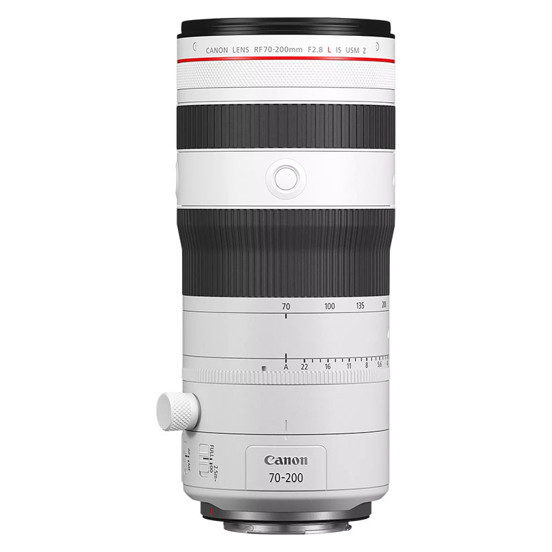 Un obiettivo Canon RF 70-200mm F2.8 L IS USM Z bianco con ghiera di messa a fuoco.