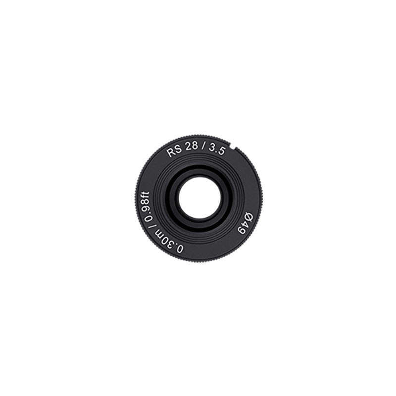 Un tappo obiettivo nero con iscrizioni RS 28/3.5, 0,30m/0,98ft e Ø49.