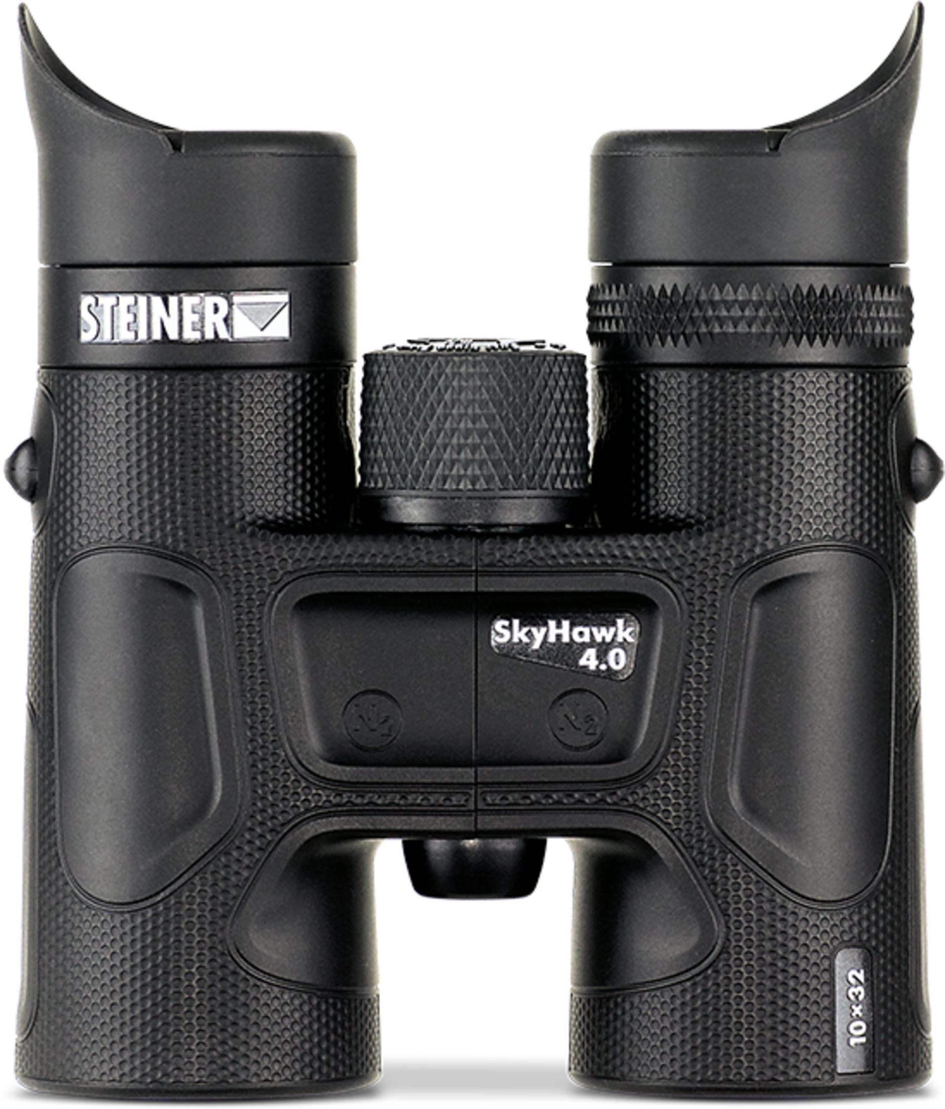 Binoculares negros Steiner SkyHawk 4.0 con rueda de enfoque moleteada y marca 10x32.