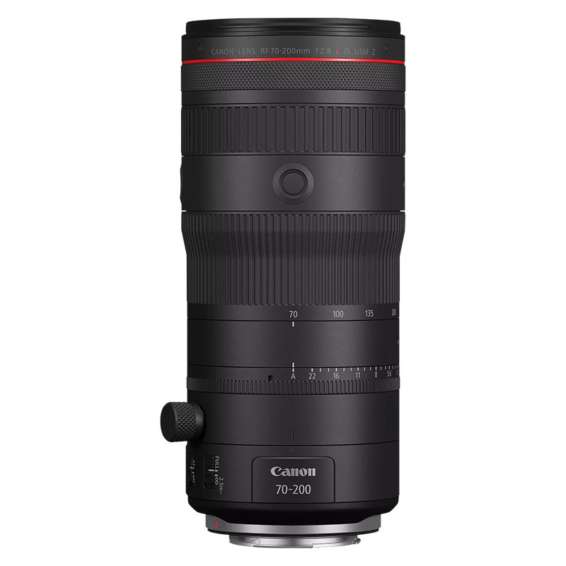 A black Canon RF 70-200mm F2.8 L IS USM lens with focus and zoom rings.