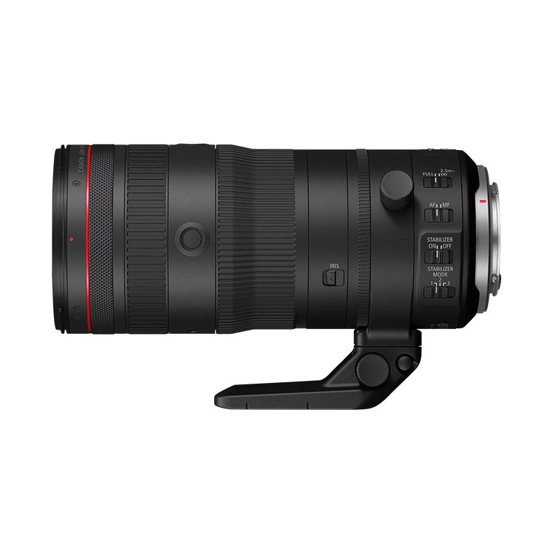 A black camera lens with silver and red accents and a tripod mount.