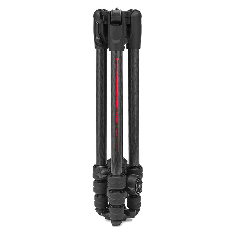 Un treppiede nero in carbonio a tre gambe con accento rosso.
