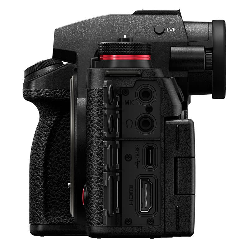 Side view of a black camera showing ports like MIC, USB-C, and HDMI.