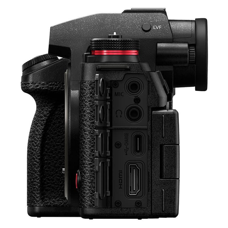 Side view of a black digital camera showing ports: MIC, headphones, USB-C, and HDMI.