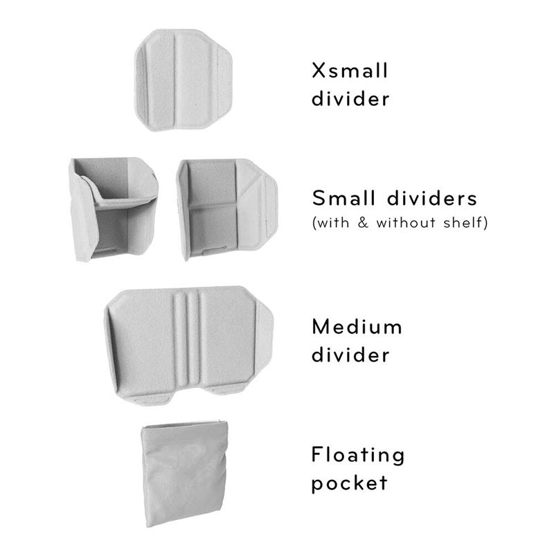 Gray dividers in various sizes: Xsmall, Small (with/without shelf), Medium, and a Floating pocket.