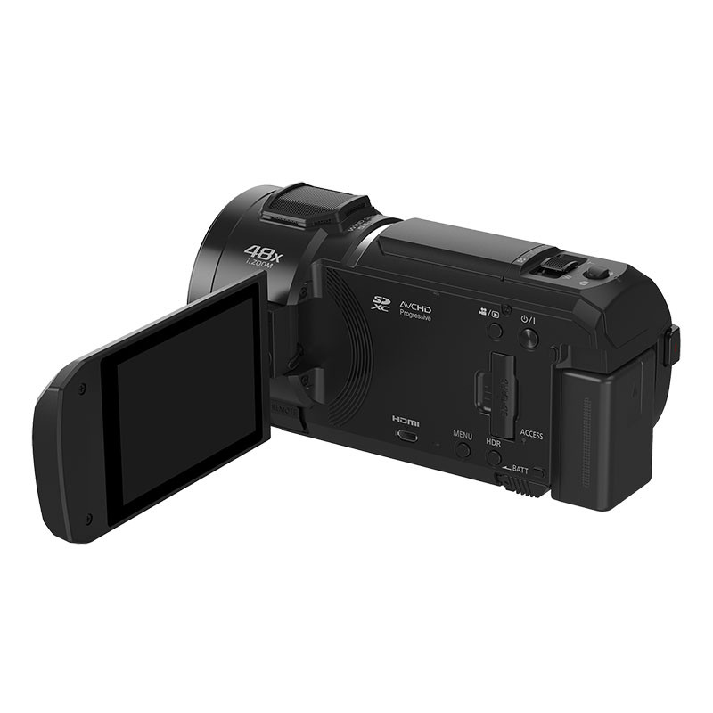 Videocámara negra con pantalla abierta y botones de control visibles.