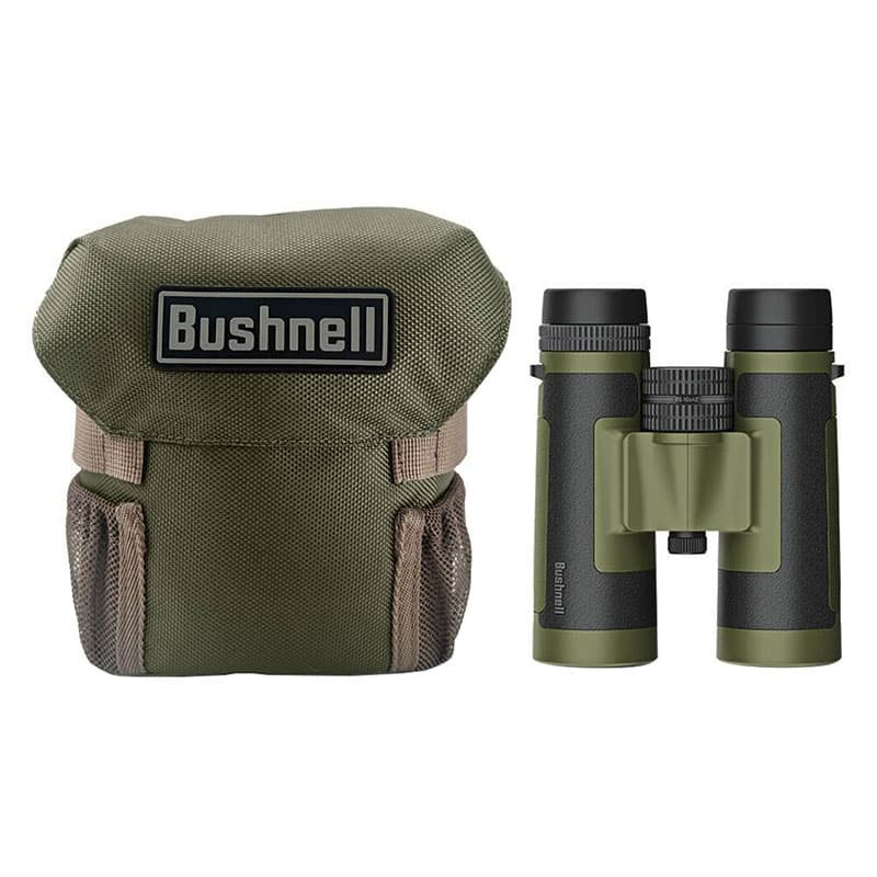 Grüne Bushnell-Fernglastasche und schwarze Ferngläser mit grünen Akzenten.