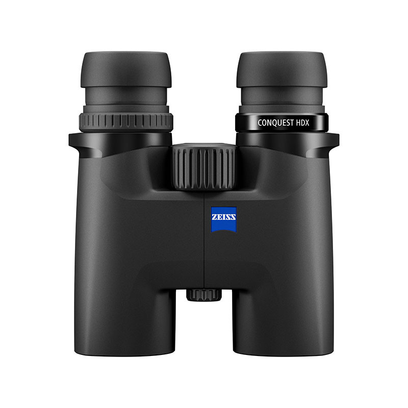 Black Zeiss Conquest HDX binoculars with a central focus wheel and blue Zeiss logo.