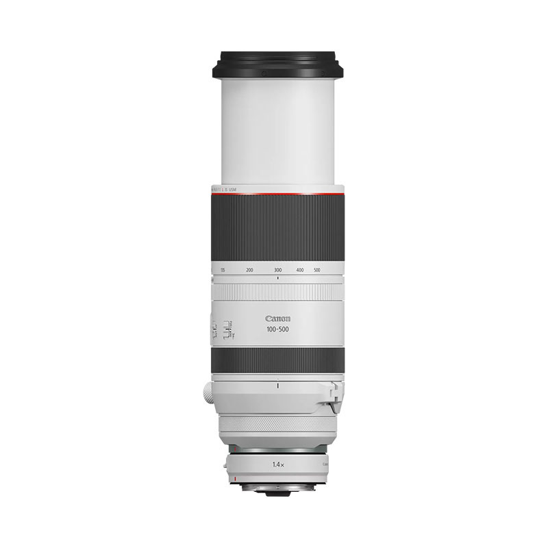 Un obiettivo Canon 100-500mm bianco con ghiera zoom e scala di messa a fuoco.