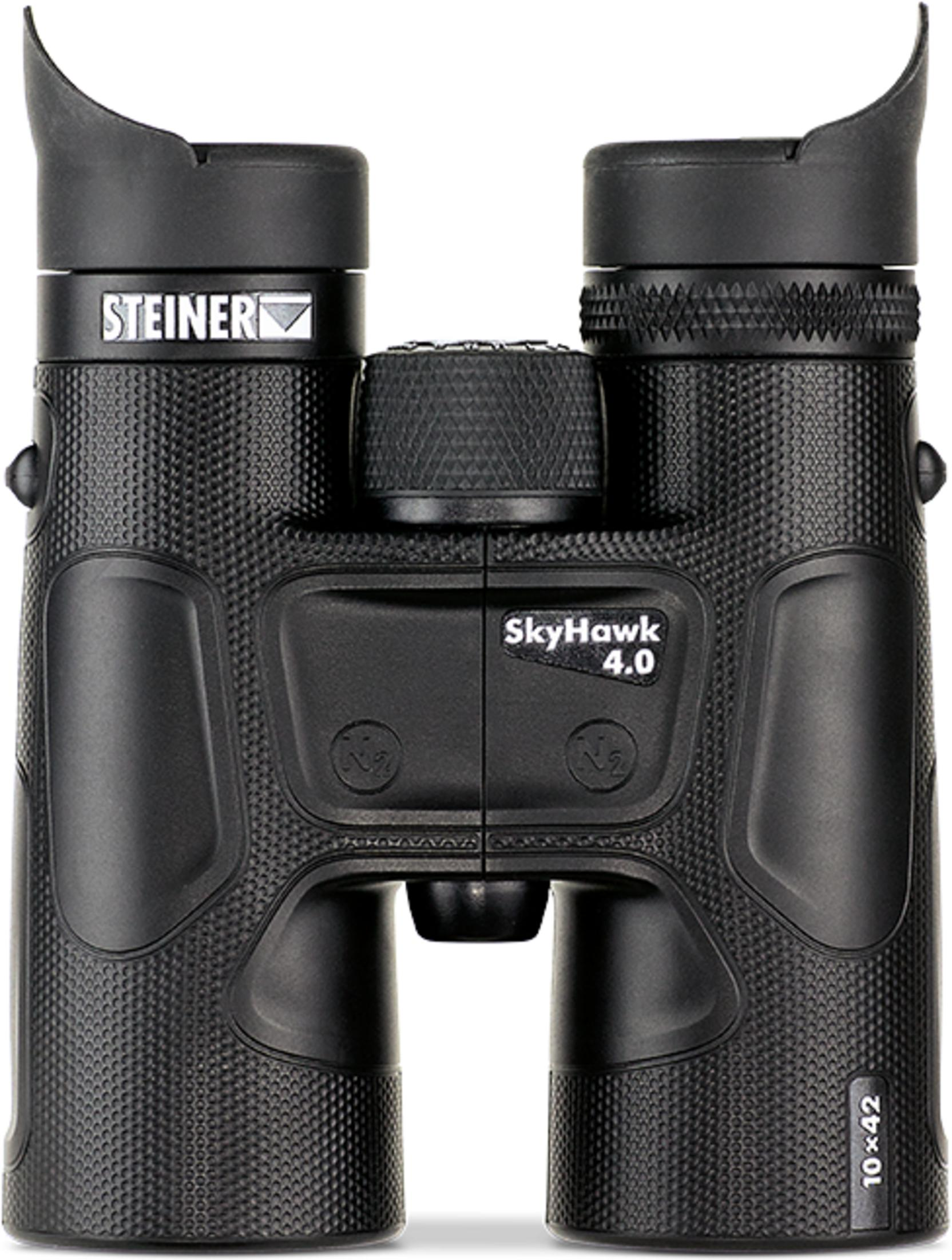 Prismáticos Steiner SkyHawk 4.0 negros con agarre texturizado y rueda de enfoque.