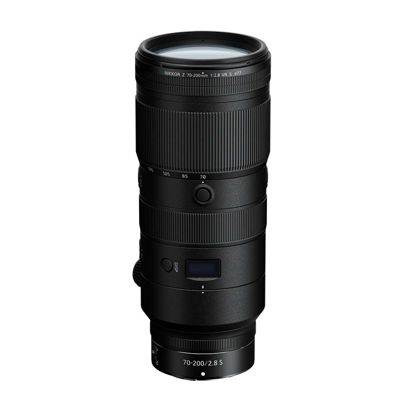 Un objetivo NIKKOR Z 70-200mm 1:2.8 VR S negro con anillos de zoom y enfoque.