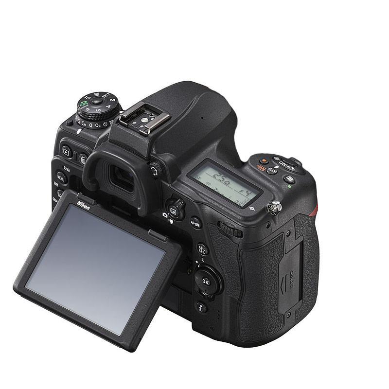 Fotocamera Nikon nera con schermo ribaltabile che mostra 250 F4 ISO.
