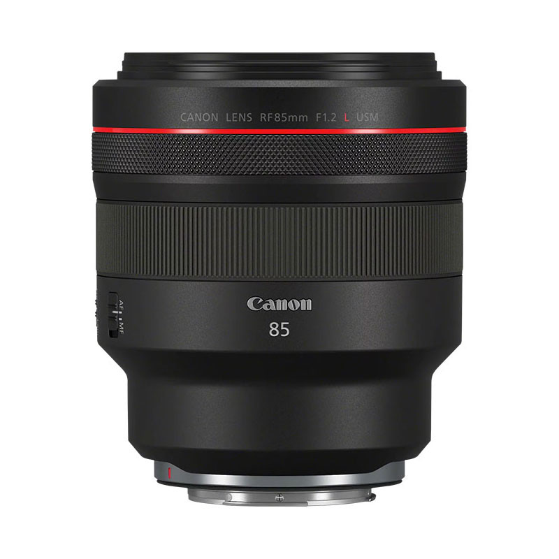 Schwarzes Canon RF 85mm f1.2 L USM Objektiv mit rotem Ring und weißer Beschriftung.
