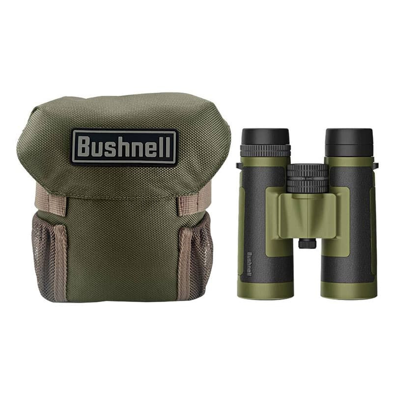 Custodia verde Bushnell e binocolo nero e verde.