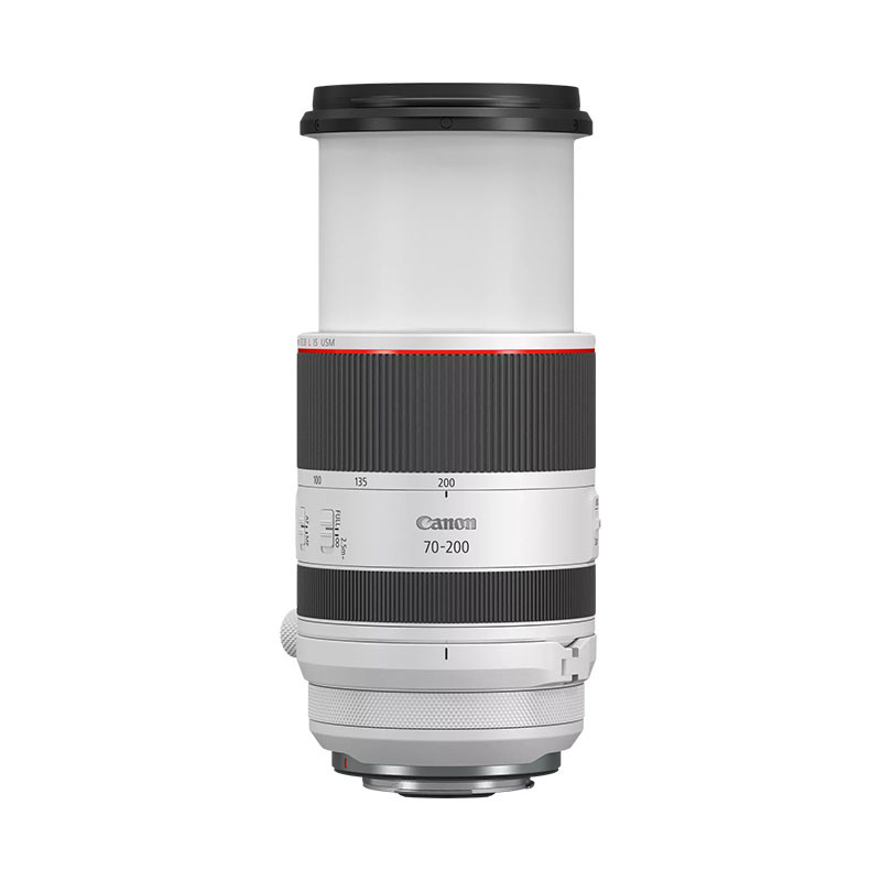Een witte Canon 70-200mm lens met een zwarte dop en ringen.