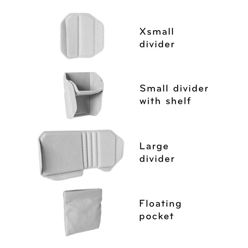 Gray organizers of different sizes: Xsmall, Small with shelf, Large, and Floating pocket.