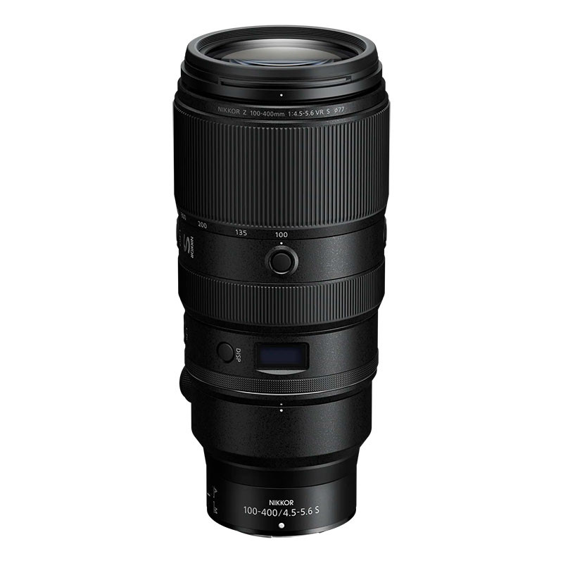Un objetivo NIKKOR negro de 100-400 mm con anillos de zoom y enfoque.