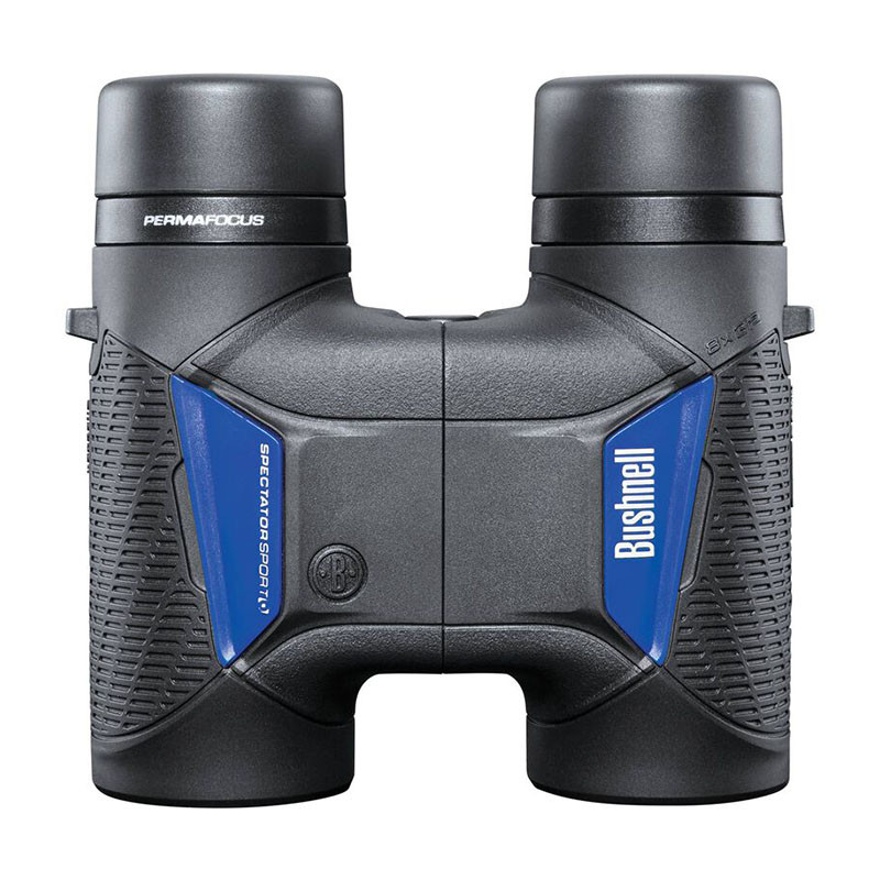 Schwarze Bushnell Ferngläser mit blauen Akzenten und "Permafocus" Schriftzug.