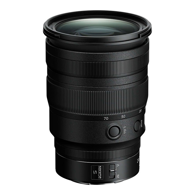 Schwarzes Nikon Objektiv mit Zoomring und Fokusmarkierungen.