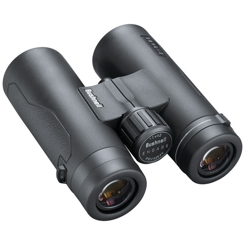 Binocolo Bushnell Engage 10x42 nero con manopola di messa a fuoco bianca e impugnatura testurizzata.