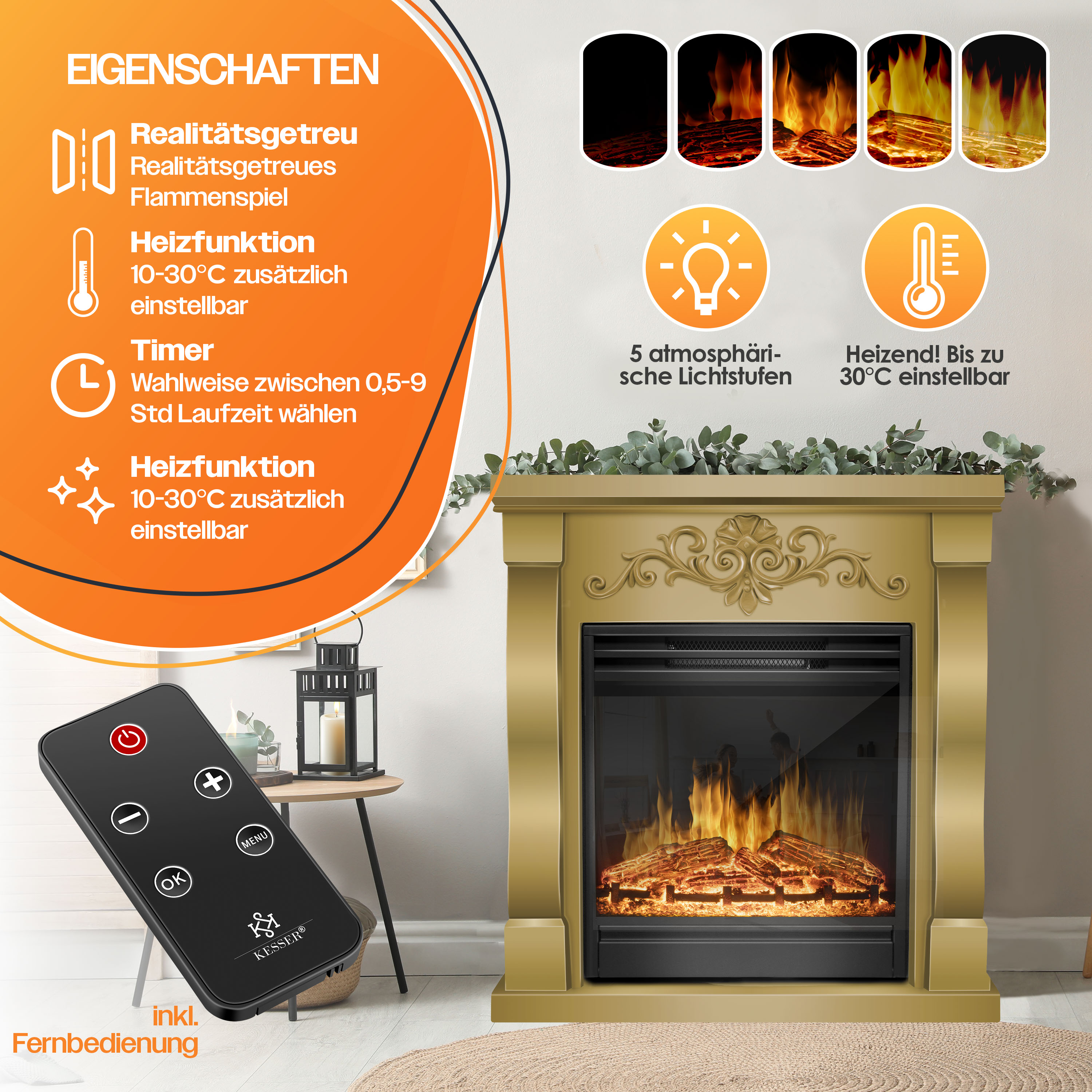 Ein Kamin mit Flammen und Fernbedienung, Eigenschaften: Heizfunktion, Timer, Lichtstufen.