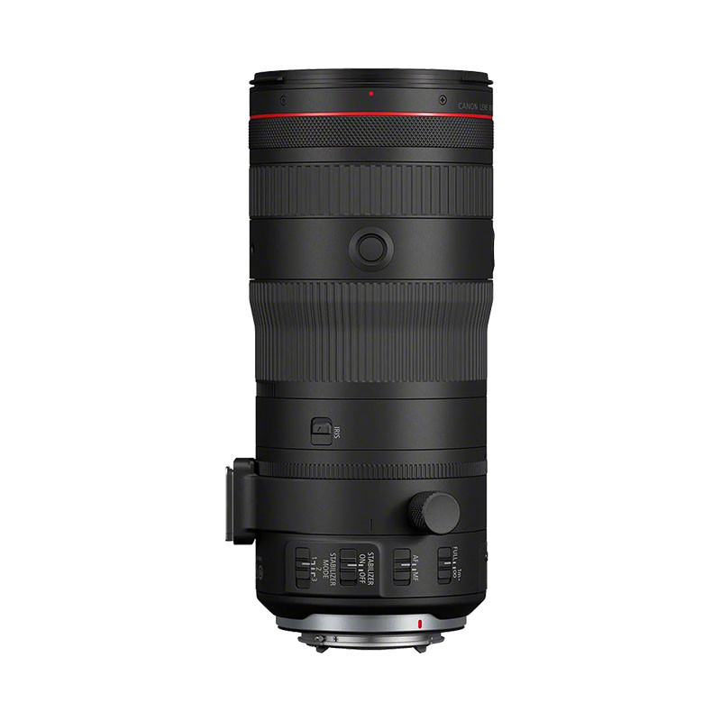 A black Canon RF lens with red accents and control buttons.