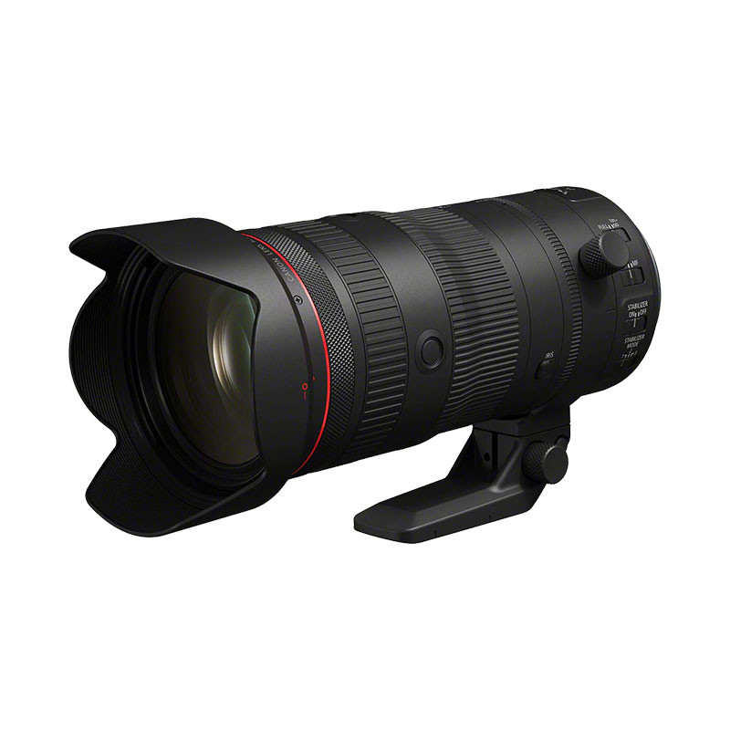 Black Canon RF 70-200mm f/2.8 L IS USM lens with lens hood and tripod collar.