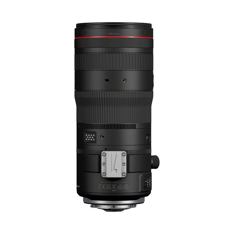 Black Canon RF lens with 82mm filter size and metal mount. Made in Japan.