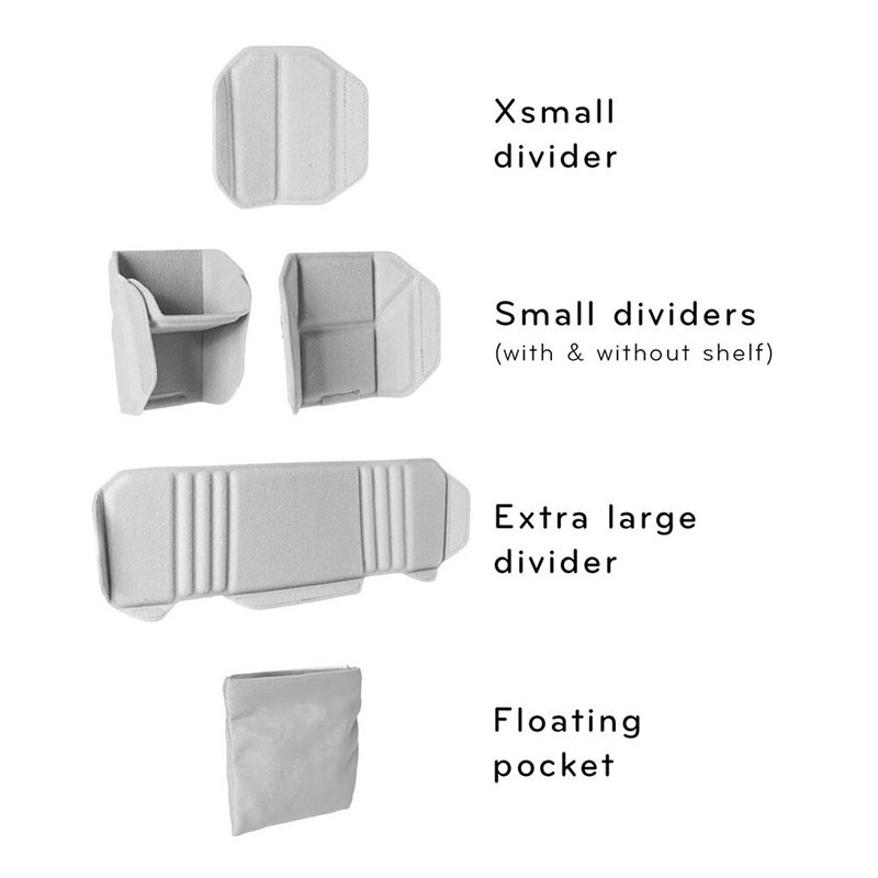 Four light gray fabric organizers: Xsmall, small (2 types), extra large divider, and floating pocket.