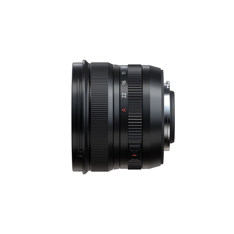 Een zwarte cameralens met focus- en diafragmaringen, op een witte achtergrond.