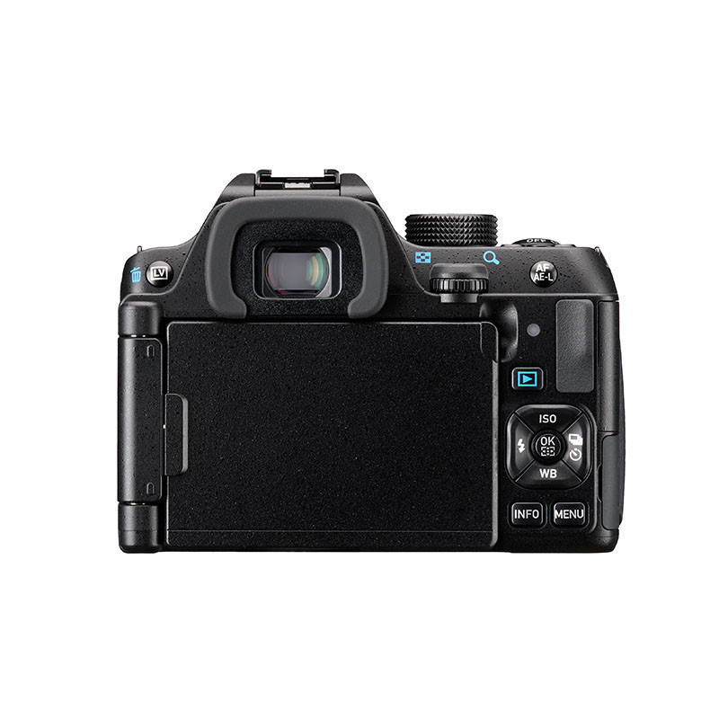 Achterkant van een zwarte digitale camera met zoeker, scherm en knoppen.