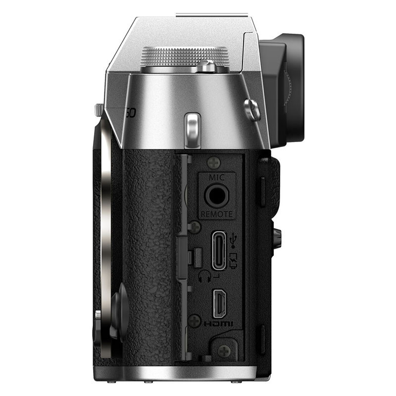 Cámara plateada con puertos: micrófono, control remoto, USB-C, auriculares, HDMI.