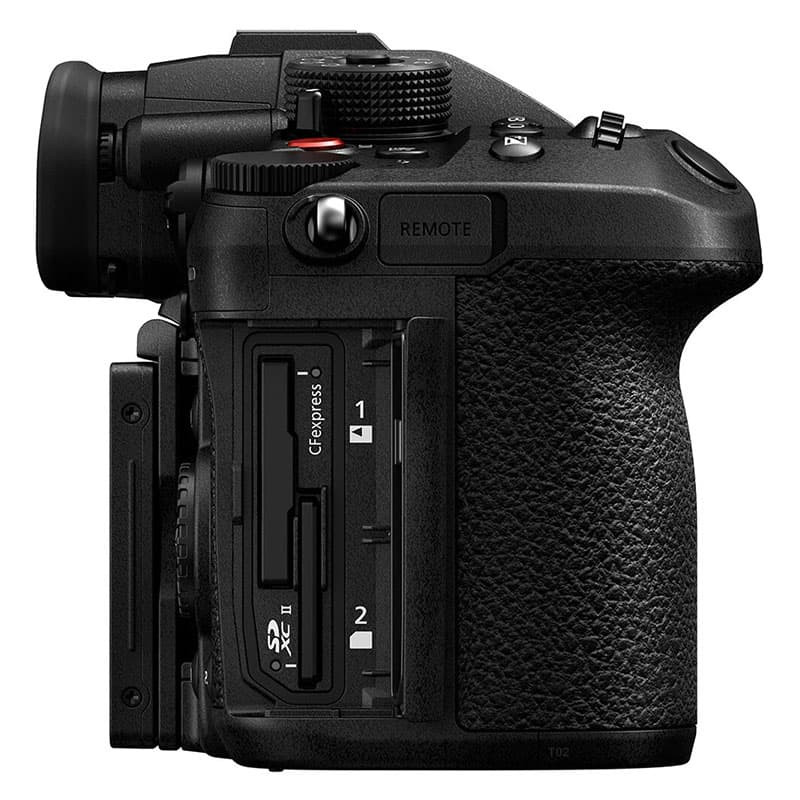 Black camera side view, showing dual card slots (CFexpress and SDXC II).