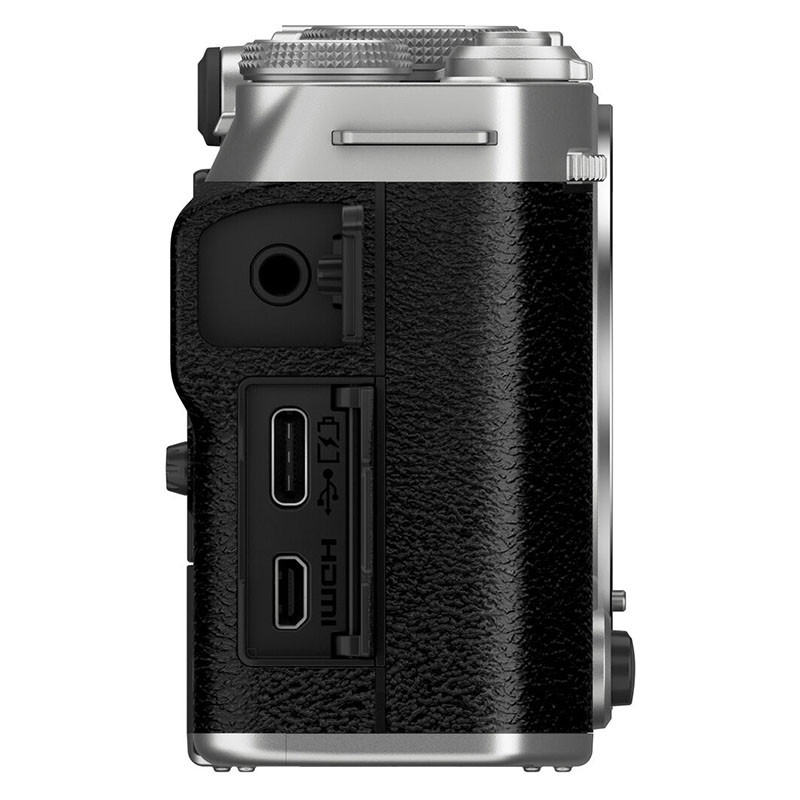 Vista lateral de cámara negra con puertos: auriculares, USB-C y HDMI. Parte superior plateada.