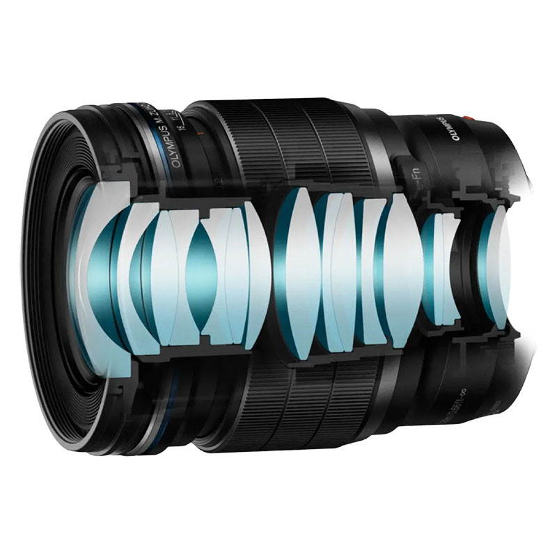 Schnittansicht eines Olympus M.Zuiko Objektivs mit sichtbaren Linsenelementen.