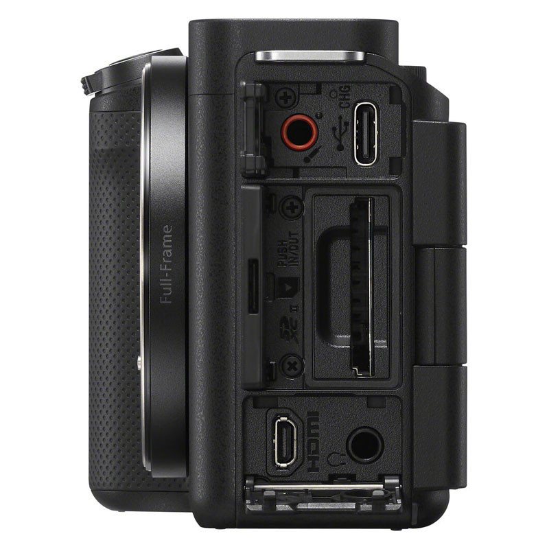 Schwarze Kamera mit Anschlüssen: Kopfhörer, USB-C, SD-Karte, HDMI.