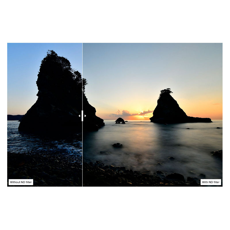 Vergleich zweier Meeraufnahmen bei Sonnenuntergang: links ohne, rechts mit ND-Filter.
