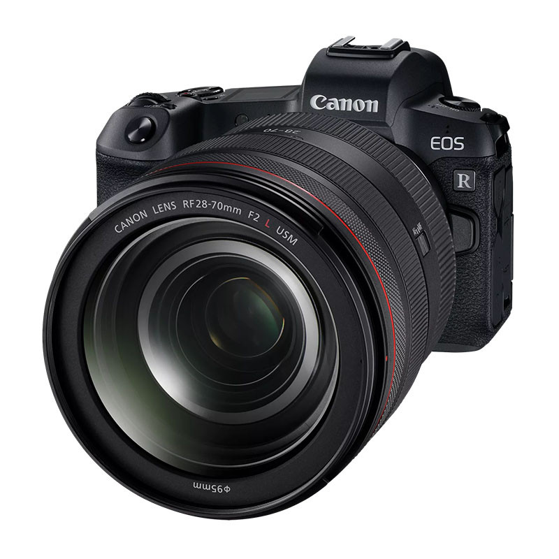 Cámara Canon EOS R negra con lente RF 28-70mm F2 L USM, fondo blanco.