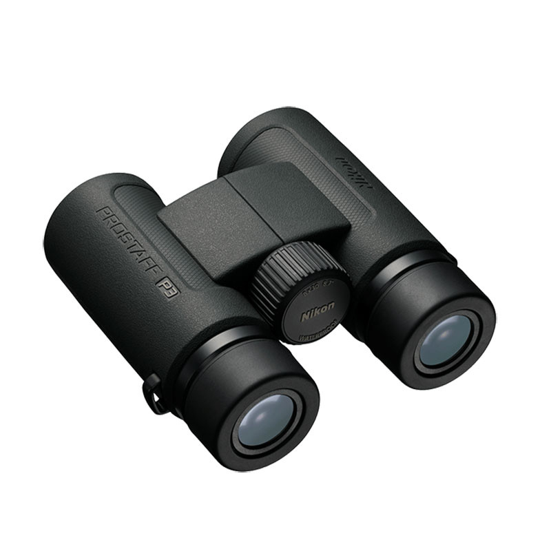 Binocolo nero con rotella di messa a fuoco e logo Nikon su sfondo bianco.