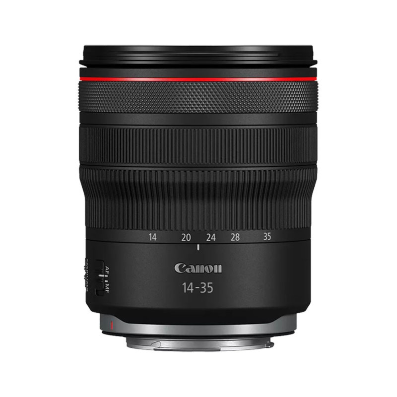 Lente Canon 14-35mm negra con anillo rojo y marcas de zoom.