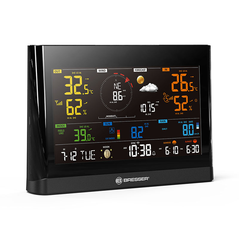 Schwarze digitale Wetterstation zeigt Außentemp. 32,5°C, Innentemp. 26,5°C, Wind 8,6 m/s uvm.