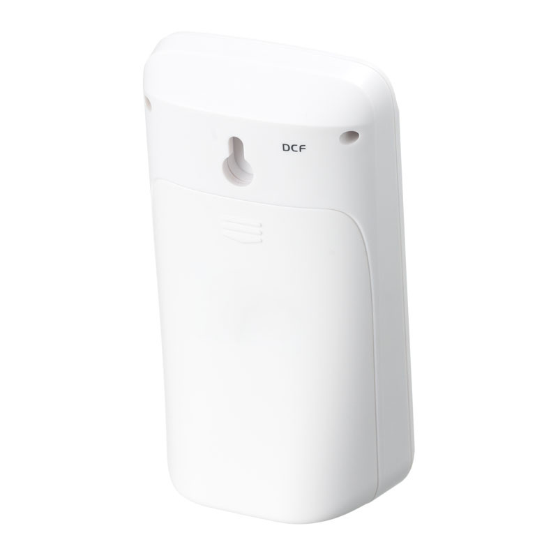 La parte posterior de un dispositivo electrónico blanco con orificio para colgar y texto 'DCF'.