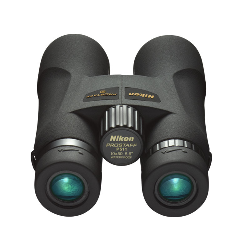 Binocolo Nikon nero con rotella di messa a fuoco argentata e lenti blu.