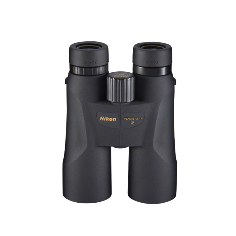 Binocolo Nikon PROSTAFF nero con ghiera di messa a fuoco centrale.