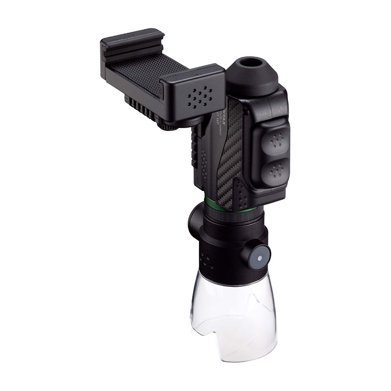 Ein schwarzer Adapter mit Handyhalterung, Tasten und klarem Untersatz.