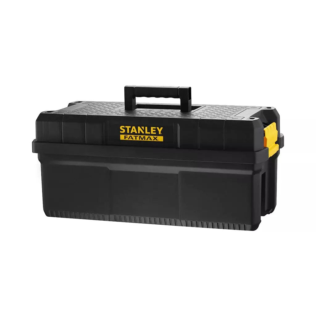 Caja de herramientas negra Stanley Fatmax con cierres y asa amarillos.